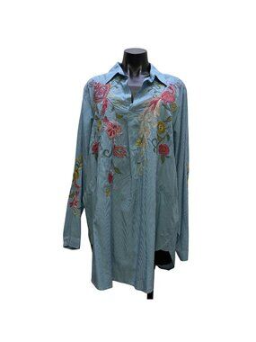NWT Johnny Was Blue Embroidered Floral Long Sleeve Blouse L